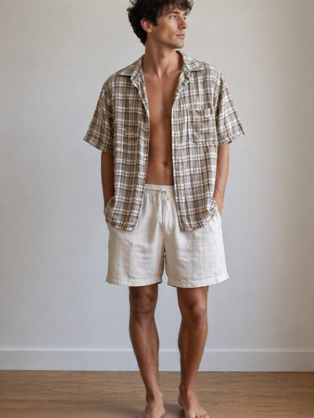 Men’s 100% Linen Shirt Plaid Brown Beige Button Up Casual Summer Lightweight M